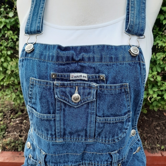 Route 66 Vintage 90's Denim Shortalls Bib Overalls Frayed Shorts Jeans Jorts - Picture 10 of 15